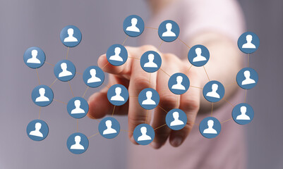 Hand reaching towards a network connection, concept of community, social media, human connections, networking a