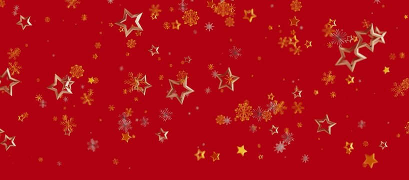 Abstract Christmas background featuring falling golden stars and snowflakes on a vibrant red backdrop, perfect for holiday season. - Powered by Adobe