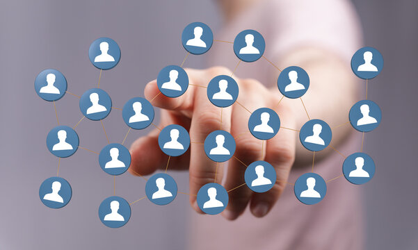 Hand reaching towards a network connection, concept of community, social media, human connections, networking a