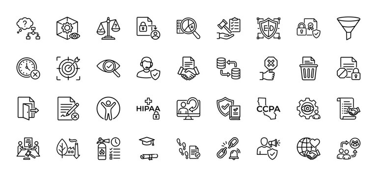 Data privacy and protection line icon set. Vector pictograms of legal documents, security shields, and digital rights, thin linear illustration.