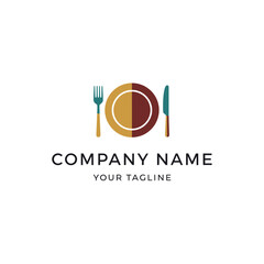 Restaurant logo design with plate fork and knife icon.