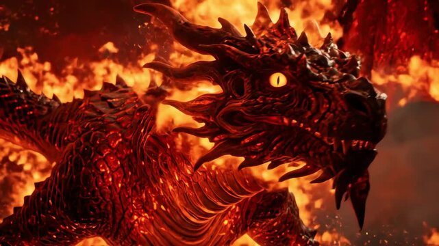 Fiery Dragon Head Close-up with Intense Flames.