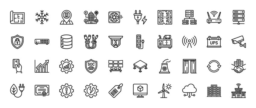 Data center and smart infrastructure line icon set. Vector pictograms of cooling, server, security, ups, and power, thin linear illustration.