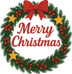 Merry Christmas Wreath Illustration.
Christmas Wreath with Red Bow and Stars.
Festive Holiday Wreath Merry Christmas Design.
Traditional Christmas Wreath Greeting.