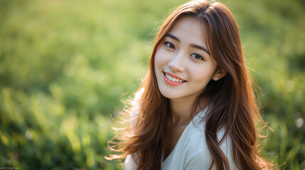 Naklejka premium Beautiful young woman with a radiant smile in a sunlit outdoor setting