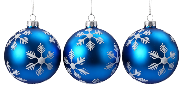 Three blue christmas ornaments with snowflakes isolated on white background
