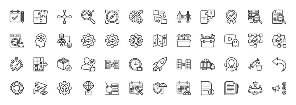 Business and strategy outline icon set. Vector pictograms of puzzle, analysis, compass, settings, calendar, and delivery, thin linear illustration.