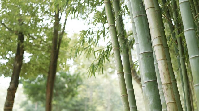 Bamboo forest with stalks clacking together in wind, natural daylight filtering through leaves