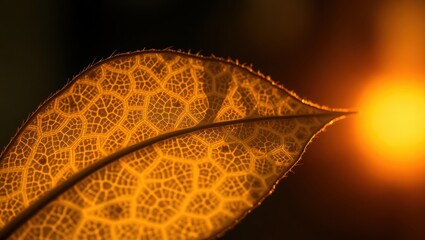 Golden Leaf with Intricate Veins Against Sunset Light