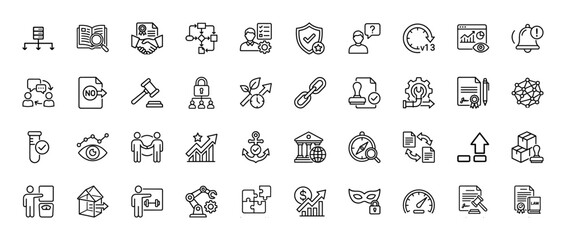 Business and legal services line icon set. Vector pictograms of data, contract, security, process, and finance, thin linear illustration.