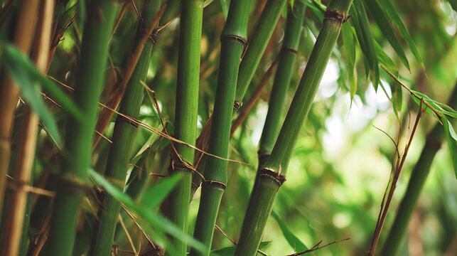 Bamboo forest with stalks clacking together in wind, natural daylight filtering through leaves