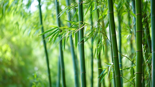 Bamboo forest with stalks clacking together in wind, natural daylight filtering through leaves