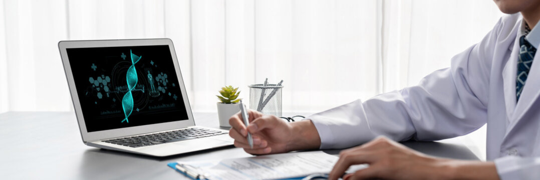 Medical science technology and futuristic healthcare virtual computer software analyze human health and diagnose disease for doctor data and medical research. brisk