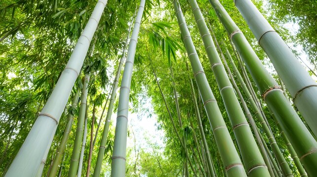 Bamboo forest with stalks clacking together in wind, natural daylight filtering through leaves