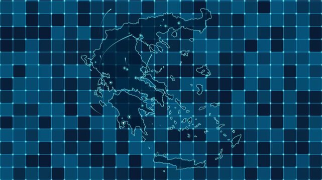 Digital grid map animation of Greece, Technology, Communication, Transportation