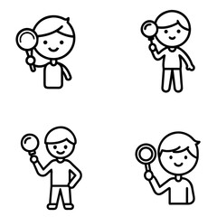 Four simple, black-and-white outline illustrations of cartoonish figures holding magnifying glasses in various poses