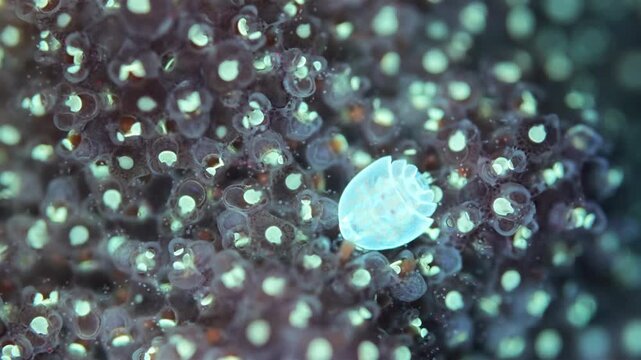 A crustacean of the class Copepoda under a microscope. Sitting on a Bryozoa colony. Sea of Okhotsk. Under ultraviolet light.