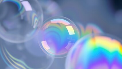 Colorful iridescent bubbles floating in air with rainbow hues and reflections