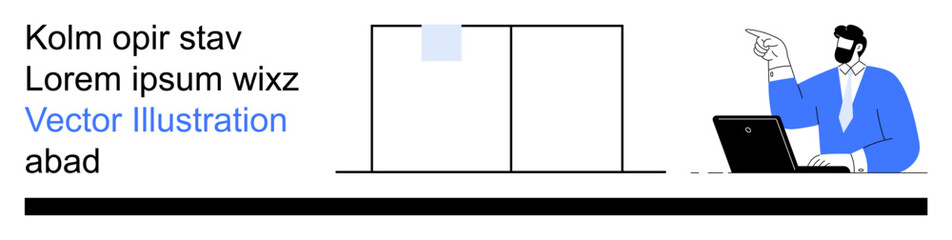 Digital presentations, teamwork strategy, office communication, professional guidance, business coaching, project management. Businessman points at sleek screen, working on laptop. Digital