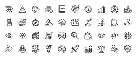 Business and strategy line icon set. Vector pictograms of growth, finance, security, and development, thin linear illustration.
