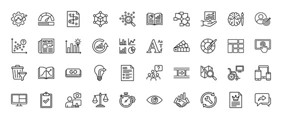 Fototapeta premium Business strategy and marketing line icon set. Vector pictograms of settings, graph, presentation, news, analysis, and data, thin linear illustration.