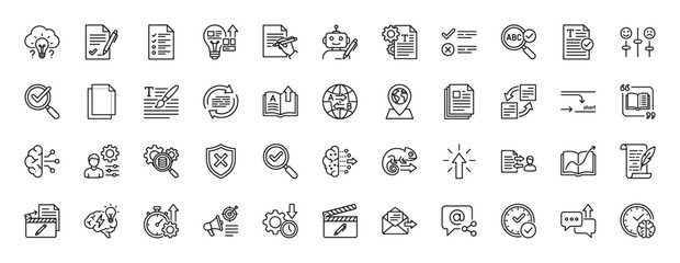 Fototapeta premium Creative writing, editing, and research line icon set. Vector pictograms of idea, document, robot, brain, and magnifying glass, thin linear illustration.