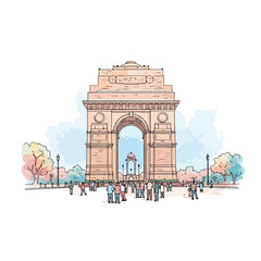 Fototapeta premium Famous India Gate Landmark Structure with People and Trees