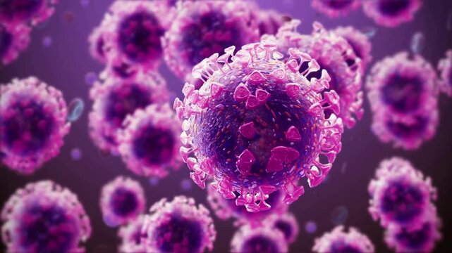 Detailed 3D medical animation of purple virus particles with spikes floating in a fluid environment representing coronavirus, infection, and immunology research - Powered by Adobe