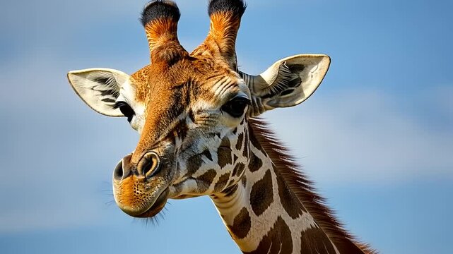 Close up of a giraffe head with a blue sky background.