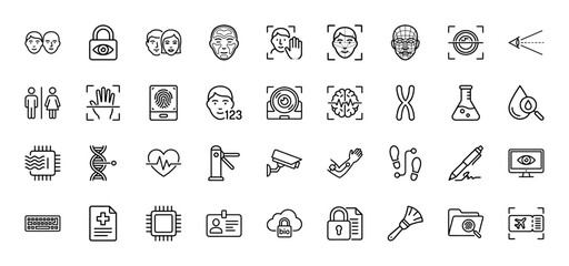Biometrics and identification line icon set. Vector pictograms of face, fingerprint, dna, retina, and security concepts, thin linear illustration.