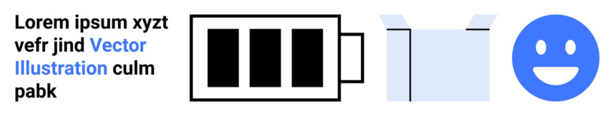 Energy consumption, packaging, emotions, sustainability, minimal design, communication. A battery icon, open box and happy face. Energy consumption and packaging concept