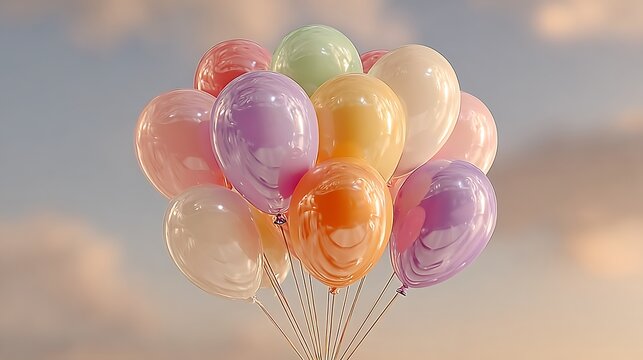 Pastel colored balloons floating soft sky illustrator