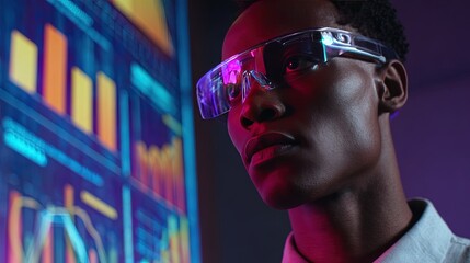 Young professional with AR glasses surrounded by colorful AI-driven holographic charts modern office sleek design vibrant neon lighting