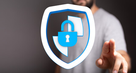 Fototapeta premium Secure data concept featuring a shield and lock. Demonstrating privacy, protection, and safety in digital environments. Ideal for cyb