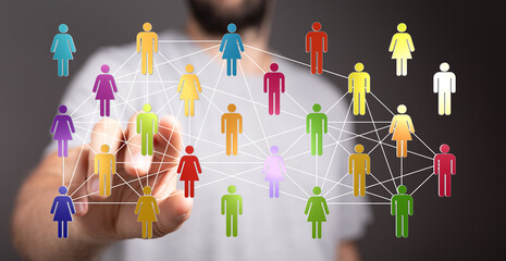 Concept of teamwork and communication in business, people connecting through digital network technology.