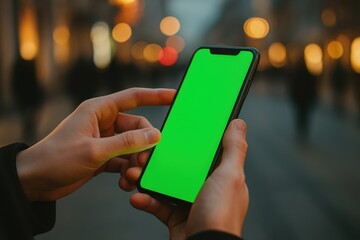 Hands holding a smartphone on a city street at dusk