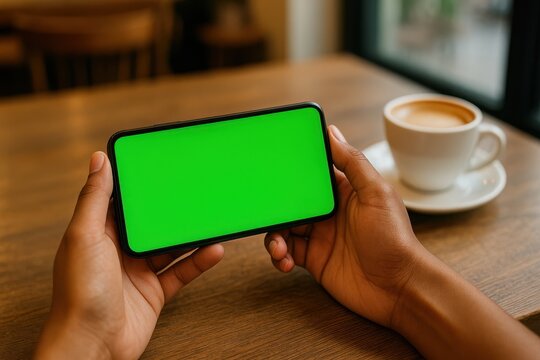 Holding a phone with a vibrant green screen at a cafe