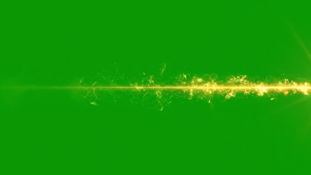 Golden magic energy beam spell shooting horizontally on green screen. Glowing fire smoke trail animation for fantasy, wizard, and sci-fi video composites