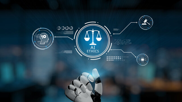 A robotic hand reaches towards AI ethics symbols, illustrating the crucial balance between technological advancement and moral responsibility in today digital society. Synapse