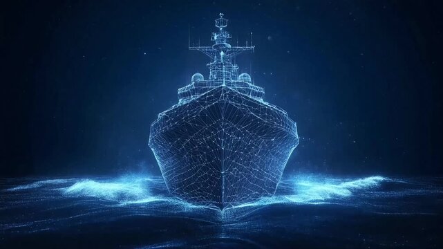 An abstract battleship is represented by connected wireframe polylines, creating a technological and modern feel. The blue color scheme evokes a sense of innovation and maritime power.