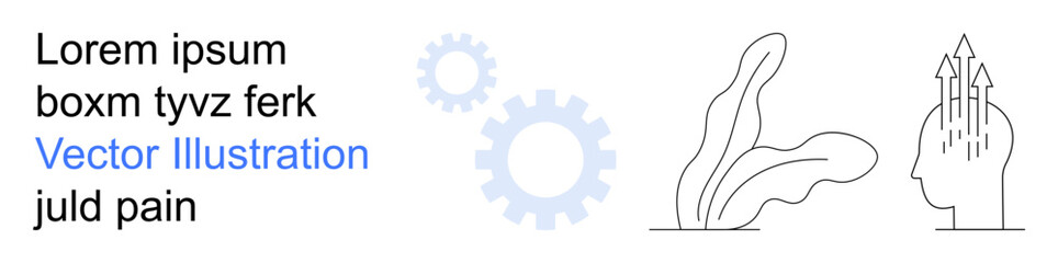 Business growth, mental health, innovation, teamwork, productivity, natural development. Minimalistic design with gears, abstract leaves and a head with upward arrows. Business growth and mental