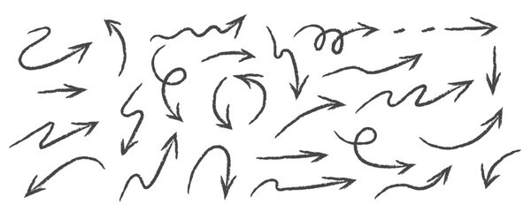Arrow drawn hand vector line icon set. Hand drawn brush chalk stroke arrow curve, thin pencil scribble shape with vintage charcoal crayon texture. Doodle up down arrow symbol. Vector illustration