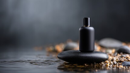 Black bottle on a serene stone in calm water with pebbles surrounding it