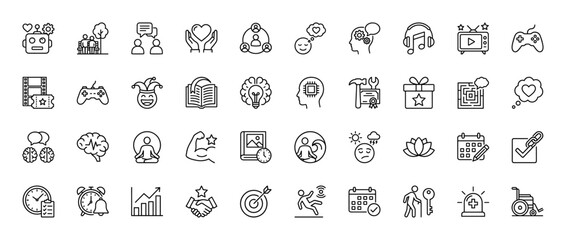 Lifestyle, wellness, and self-care line icon set. Vector pictograms of heart, brain, calendar, music, and time, thin linear illustration.