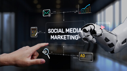 A robotic hand interacts with a digital display presenting social media marketing ideas,...