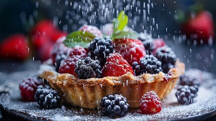 fruit tartlet dessert light shining, with sprinkled powdered sugar. Close-up