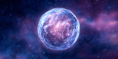 Fototapeta premium Glowing cosmic cell with nebula background, representing cellular biology, science and the origin of life in the universe