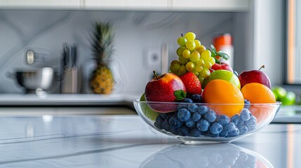 Colorful assortment of fresh fruits in a glass bowl on kitchen counter. Selective focus. Healthy eating concept