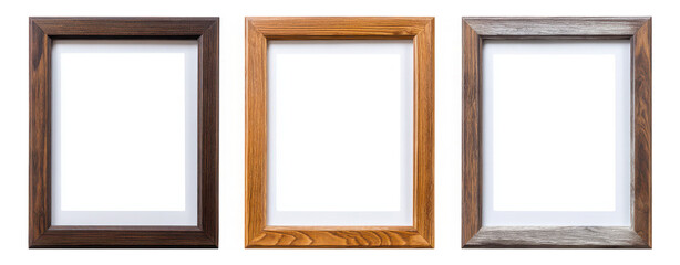 Display your memories with these three elegant wooden frames for a modern gallery wall isolated on a transparent background