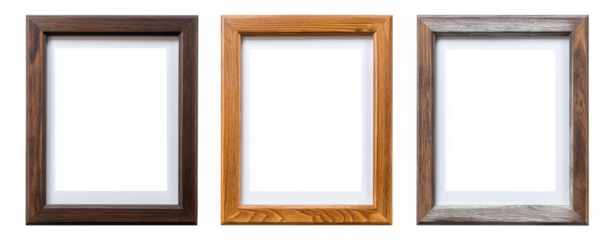 Display your memories with these three elegant wooden frames for a modern gallery wall isolated on a transparent background